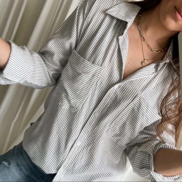 Classic Striped Button-Up Shirt—Ivory/Black - Picture 6 of 14
